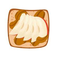 Sweet apple and peanut butter toast. Open sandwich with slice fruit and oily topping on grilled square bread vector