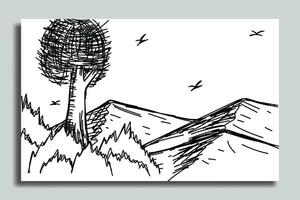 illustration sketch of a mountain view, with views of mountains and trees vector