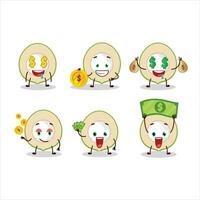 Slice of green coconut cartoon character with cute emoticon bring money vector