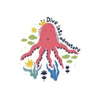 Cute hand drawn sea animal character octopus vector