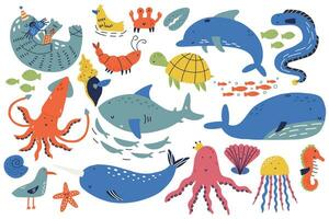 grande conjunto linda mano dibujado mar criatura animal vector