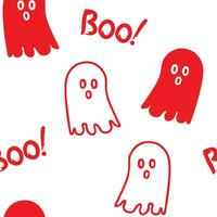 Get into the spooky spirit with this delightful seamless pattern featuring red and white ghosts and word 'Boo' vector