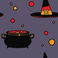 Embrace the enchanting Halloween vibes with this delightful seamless pattern featuring a witch hat, boiling cauldron, and bubbles. vector