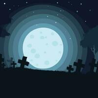 Step into a captivating world of mystery with this haunting graveyard illustration, set under a deep blue night sky and a vibrant moon illuminating the shadows. Vector illustration.