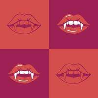 Unleash your dark side with this captivating poster featuring four squares of pink and peach colors and seductive red lips with vampire fangs. vector