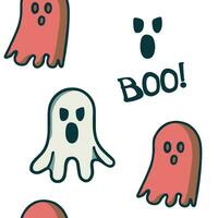 Get into the spooky spirit with this delightful seamless pattern featuring red and white ghosts and word 'Boo' vector