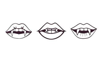 Discover the enchanting variety of allure with this captivating poster showcasing line art of three types of woman's lips with vampire fangs. vector