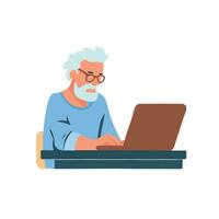 Experience the timeless allure of technology with this captivating illustration of an old man typing at a laptop. Age and innovation unite. vector