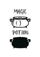 Embrace the enchanting world of magic with this captivating poster featuring line art and a black shape of a witch cauldron, and the words 'Magic Potion.' vector