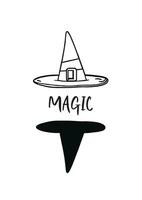 Step into the mystical world of magic with this captivating banner featuring line art of a witch hat and its reflection as a black shape with word 'Magic'. vector