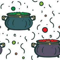 Immerse yourself in a magical brew with this captivating seamless pattern featuring colorful boiling cauldrons and enchanting bubbles. vector