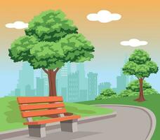 City park with green trees and grass, wooden bench, lanterns and town buildings on skyline vector