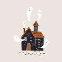 Cute Haunted House with ghost vector