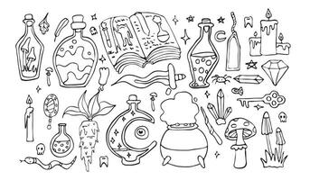 Occult Halloween vector doodle set, isolated on white, witch herbs, crystals and potions outline drawing