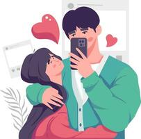 Romantic lovers are taking selfie with great passion. Happy young couple portrait. Valentine's Day and Happy Anniversary Concept. vector