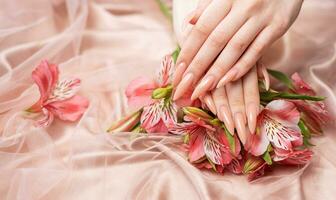 Elegant pastel pink natural manicure. photo