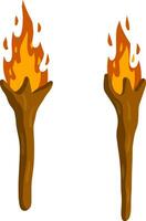 Cartoon flat illustration. old item for lighting. Fire and branch isolated on white vector