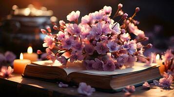 Natural beautiful flowers lie on the pages of an open book against the backdrop of nature. AI generated photo