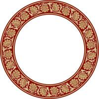 Vector round gold with red Indian national ornament. Ethnic plant circle, border. Frame, flower ring. Poppies and leaves..
