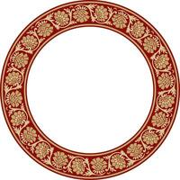 Vector round gold with red Indian national ornament. Ethnic plant circle, border. Frame, flower ring. Poppies and leaves..