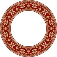 Vector round gold with red Indian national ornament. Ethnic plant circle, border. Frame, flower ring. Poppies and leaves..