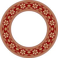 Vector round gold with red Indian national ornament. Ethnic plant circle, border. Frame, flower ring. Poppies and leaves..