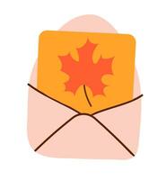 Envelope with maple leaf. Autumn element. Flat vector illustration.