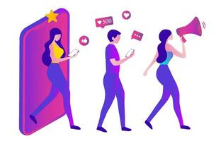 People shouting in loud speaker with social media icons. Influencer social media marketing, blogger, vlogging, social influencer and influencer marketing concept vector illustration