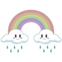 Rainbow and cute clouds with rain isolated on white background in pastel colors. vector