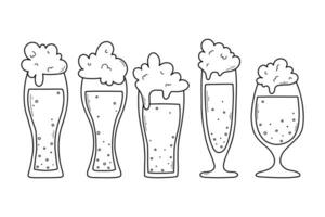 Set of glasses with beer in doodle style. Vector illustration. Linear collection of foamy beer.