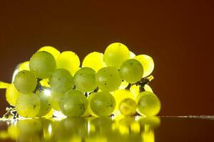 bunch of green grapes on wooden plinth isolated light from behind, orange background. negative space photo