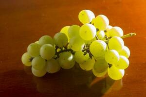 bunch of green grapes on wooden plinth isolated light from behind, orange background. negative space photo