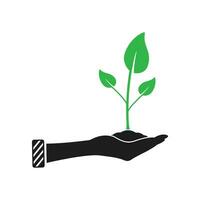 Business Startup Icon. With Hand, Green Leaves and Plant Symbol Symbols. Editable Flat Vector Illustration.