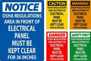 Caution Sign Osha Regulations - Area In Front Of Electrical Panel Must Be Kept Clear For 36 Inches vector