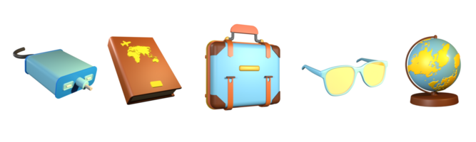 3D icon world tourism day collection rendered isolated on the transparent background. suitcase, sunglasses, passport, mobile charger, and globe object for your design. png