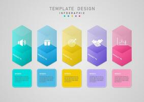 3d business infographic template Multi colored bar graph transparent top There is an icon inside Below are multi-colored square frames and letters in the middle on a gray gradient background. vector