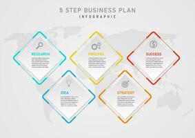 infographic template 5 step business plan to success square with multi colored outline icons and letters in center under map gray gradient background design for project, product, marketing, investment vector