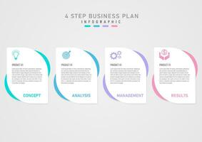 4 step business infographic template white square top Multi colored rounded squares below top corner colored icons. The letters in the middle of the gray gradient background. vector