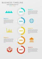 infographic template timeline 5 years vertical gray circles with multi colored circles segmented left and right There are letters and icons. gray gradient background Design for planning, product vector