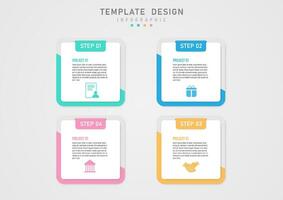 infografía modelo 4 4 pasos cuadrado negocio proyecto multicolor y blanco cuadrado letras en el centrar de el de colores íconos abajo. el marco y letras encima el gris degradado antecedentes. vector