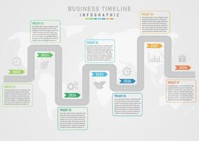 infographic timeline 7 years multi colored navigation arrows with year numbers above The middle gray road below has a colored frame and text.  gray icon, the map below, has a gray gradient background. vector