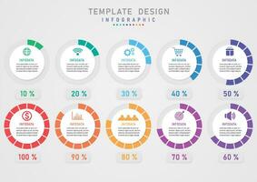 infographic template circle divided into multi colored sections The button below has a percentage number. In the middle of the white circle there are letters and icons with a gray gradient background. vector