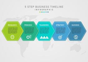 infographic template 5 step business plan multicolored hexagon with white outline letter in center bottom icon under map gray gradient background design for project, product, marketing, investment vector