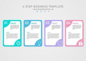 infographic template simple 4 options business project multi colored pastel squares There are numbers in the top corner. In the bottom corner there is an icon. White square in the center with letters vector