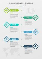 infographic vertical timeline 6 years arrow with white number above multi colored squares icon in the center left and right In the middle there are lines and circles on a gray gradient background. vector