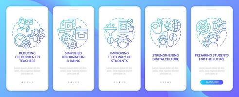 ICT benefits in education blue gradient onboarding mobile app screen. Studying walkthrough 5 steps graphic instructions with linear concepts. UI, UX, GUI template vector