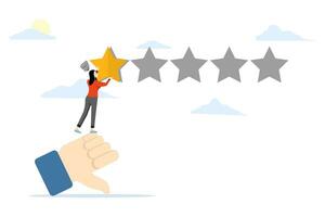 negative feedback concept, bad review or one star customer feedback, bad user experience or poor quality, low rating result or disappointment, unhappy people with thumbs down giving bad review stars. vector