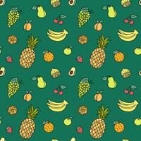 Fruits Pattern. Colorful doodle natural food elements background. Cute repeat outline illustrations with pineapple, apple, berries, bananas, orange vector