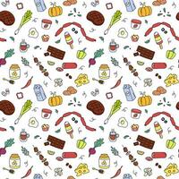 Food Pattern. Colorful doodle meal elements on white background. Cute repeat outline illustrations with fruits, vegetables, meat and dairy products vector