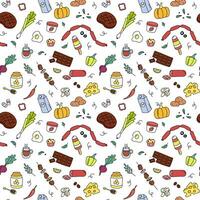 Food Pattern. Colorful doodle meal elements on white background. Cute repeat outline illustrations with fruits, vegetables, meat and dairy products vector